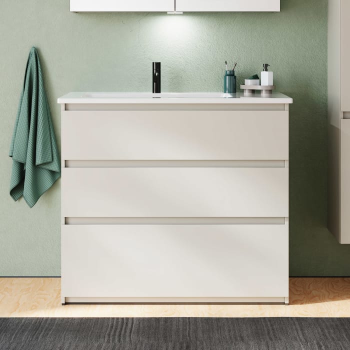 burgbad Lin20 Waschtischunterschrank mit Keramik-Waschtisch 103 cm, 3 Auszüge, links