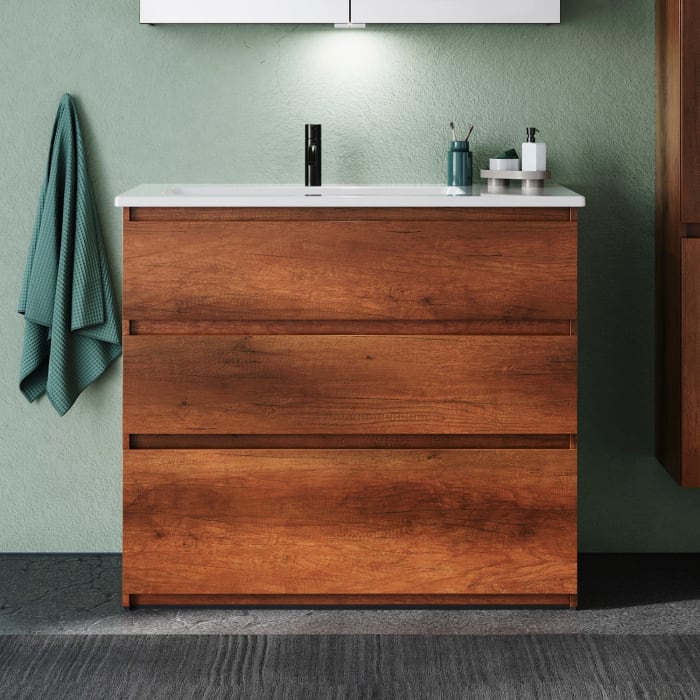 burgbad Lin20 Waschtischunterschrank mit Keramik-Waschtisch 103 cm, 3 Auszüge, links