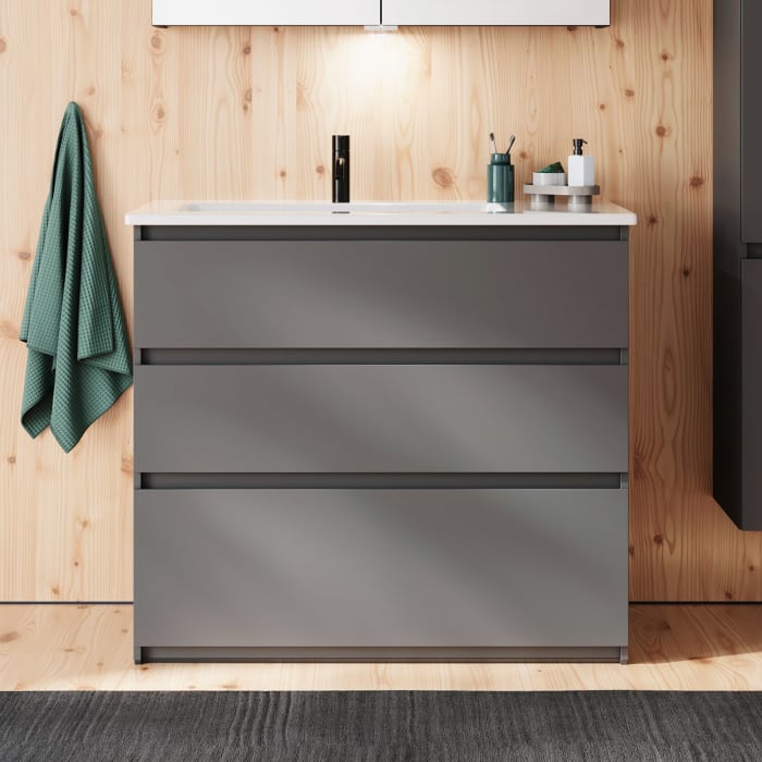 burgbad Lin20 Waschtischunterschrank mit Keramik-Waschtisch 103 cm, 3 Auszüge, links