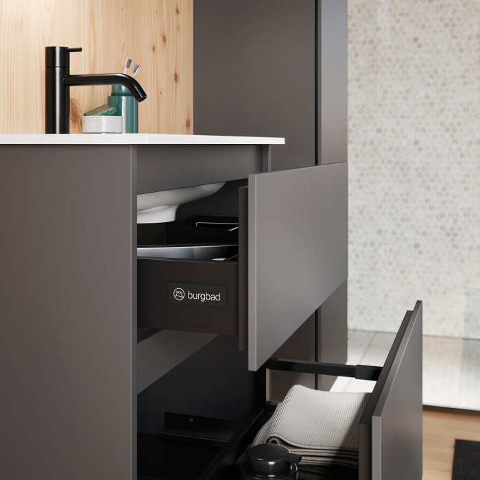 burgbad Lin20 Waschtischunterschrank mit Mineralguss-Waschtisch 62 cm, 2 Auszüge