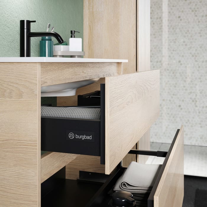 burgbad Lin20 Waschtischunterschrank mit Mineralguss-Waschtisch 82 cm, 2 Auszüge