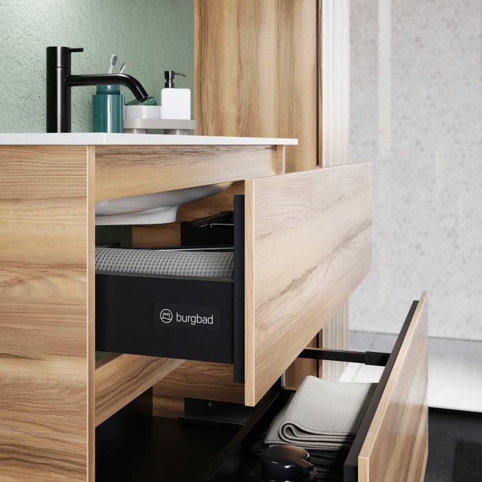 burgbad Lin20 Waschtischunterschrank mit Mineralguss-Waschtisch 82 cm, 2 Auszüge