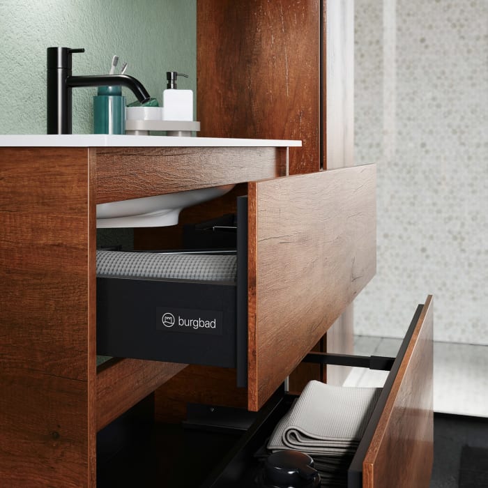 burgbad Lin20 Waschtischunterschrank mit Mineralguss-Waschtisch 82 cm, 2 Auszüge