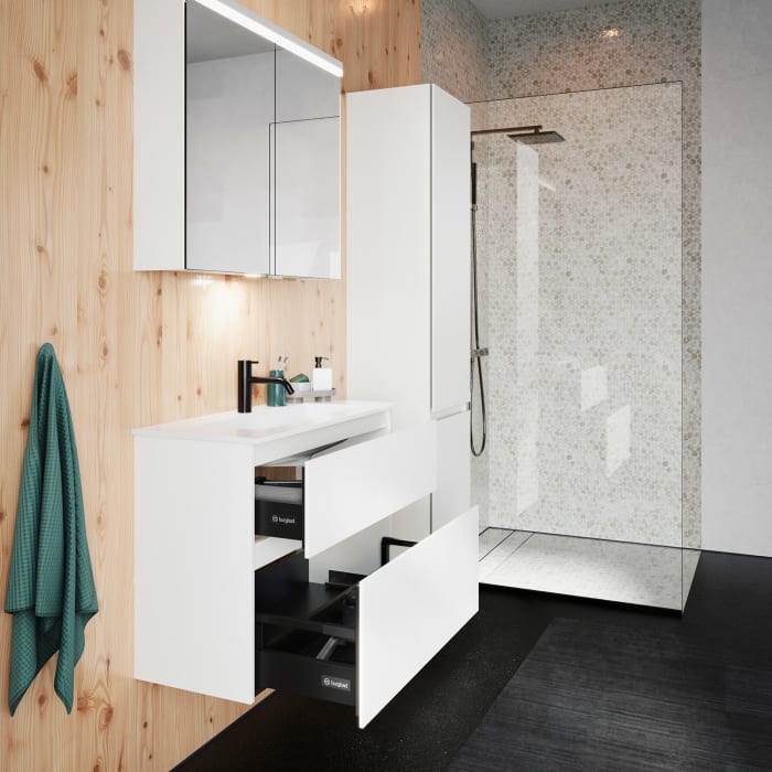 burgbad Lin20 Waschtischunterschrank mit Mineralguss-Waschtisch 82 cm, 2 Auszüge