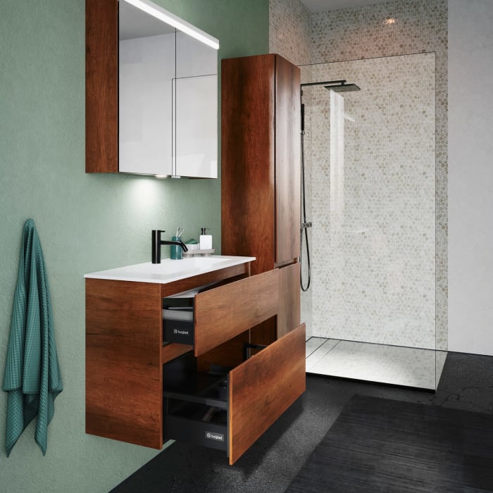 burgbad Lin20 Waschtischunterschrank mit Mineralguss-Waschtisch 82 cm, 2 Auszüge