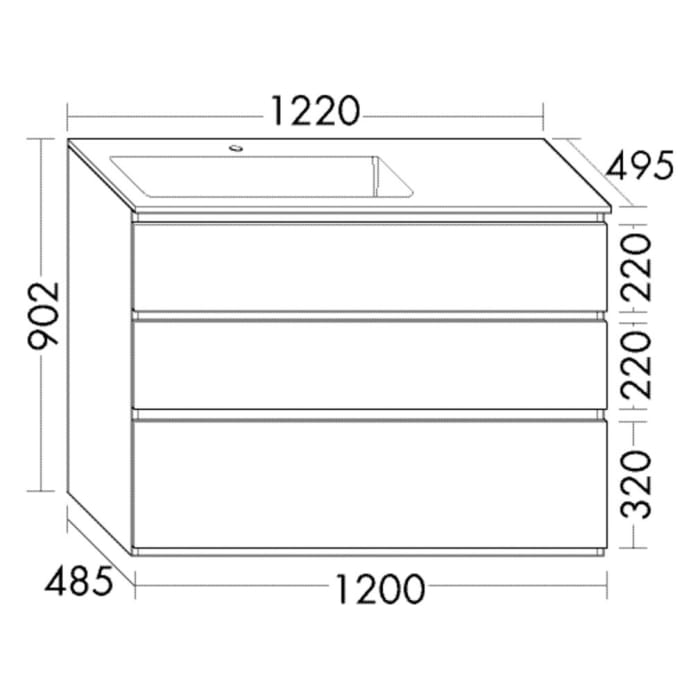 burgbad Lin20 Waschtischunterschrank mit Mineralguss-Waschtisch 122 cm, 3 Auszüge, rechts