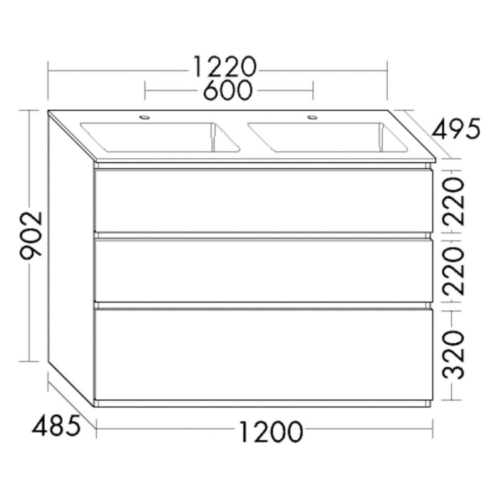 burgbad Lin20 Waschtischunterschrank mit Mineralguss-Doppelwaschtisch 122 cm, 3 Auszüge, links und rechts