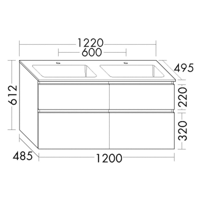 burgbad Lin20 Waschtischunterschrank mit Mineralguss-Doppelwaschtisch 122 cm, 4 Auszüge, links und rechts