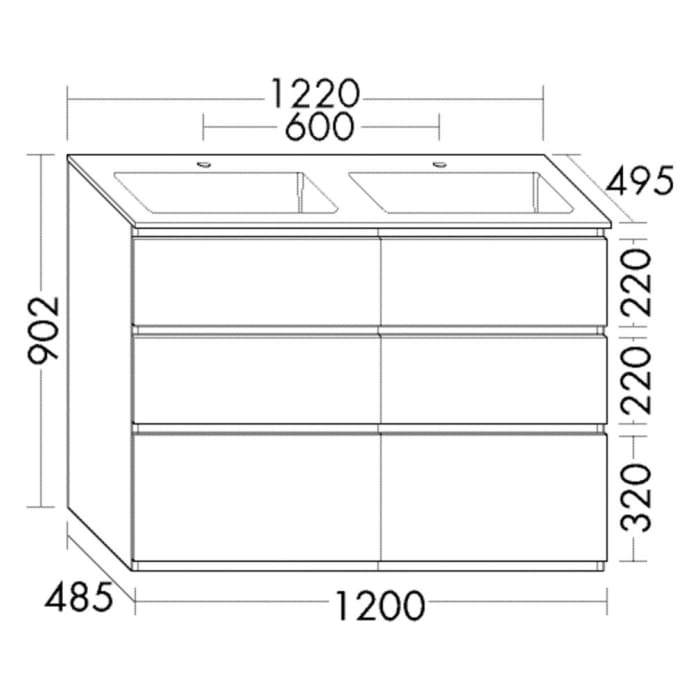burgbad Lin20 Waschtischunterschrank mit Mineralguss-Waschtisch 122 cm, 6 Auszüge, links