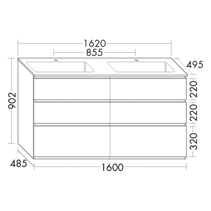 burgbad Lin20 Waschtischunterschrank mit Mineralguss-Doppelwaschtisch 162 cm, 6 Auszüge, links und rechts