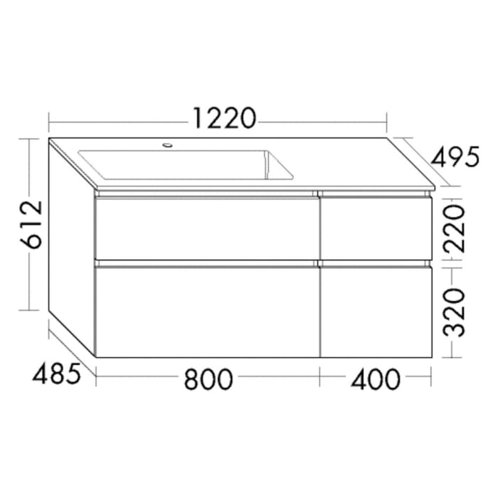burgbad Lin20 Waschtischunterschrank mit Mineralguss-Waschtisch 122 cm, 4 Auszüge, rechts