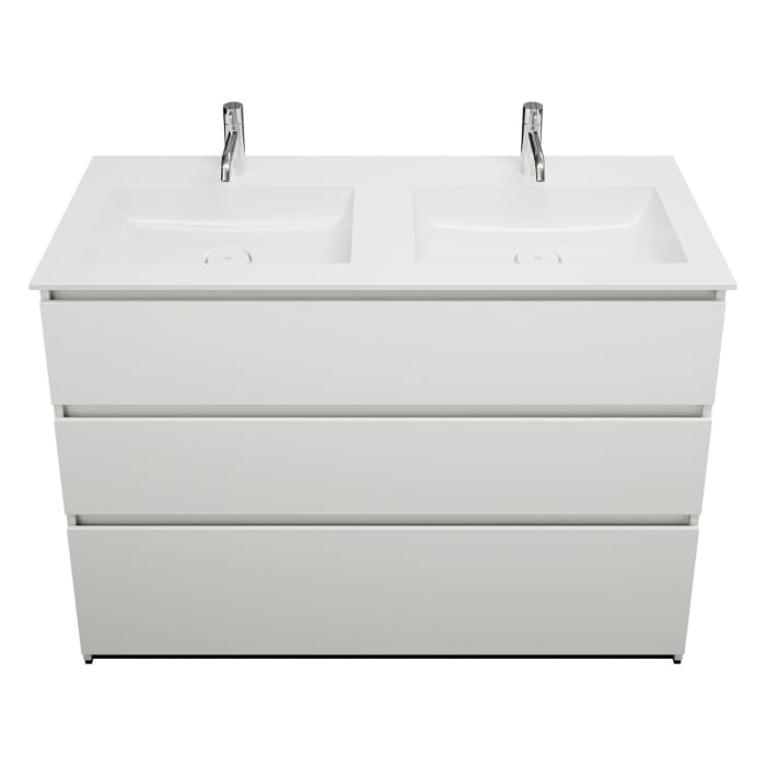 burgbad Lin20 Waschtischunterschrank mit Mineralguss-Doppelwaschtisch 122 cm, 3 Auszüge, links und rechts