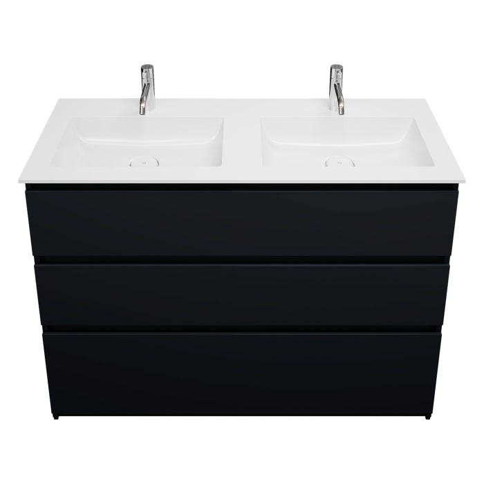 burgbad Lin20 Waschtischunterschrank mit Mineralguss-Doppelwaschtisch 122 cm, 3 Auszüge, links und rechts