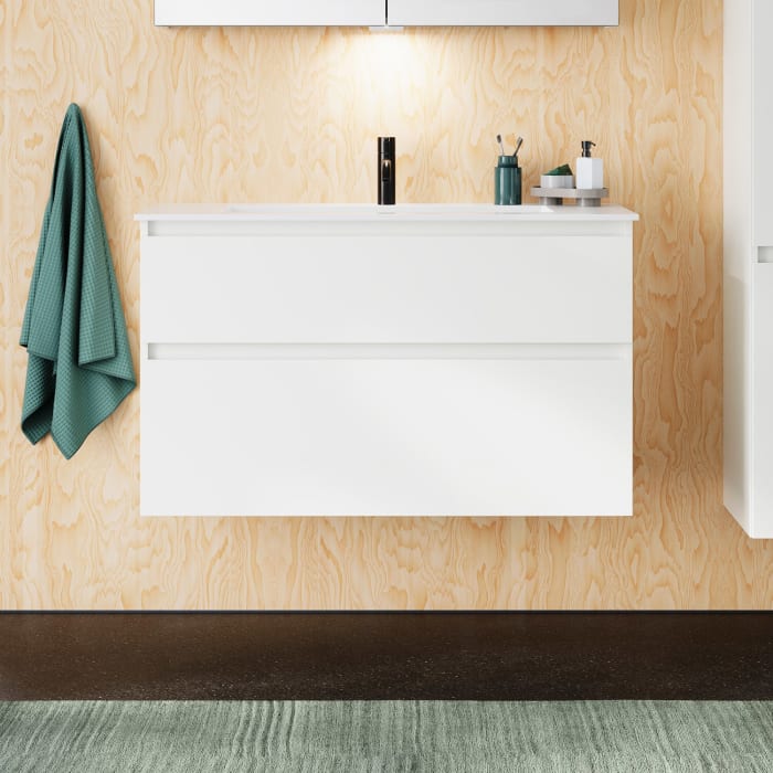 burgbad Lin20 Waschtischunterschrank mit Mineralguss-Waschtisch 102 cm, 2 Auszüge