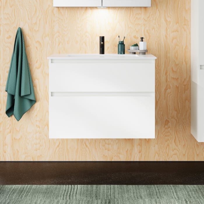 burgbad Lin20 Waschtischunterschrank mit Mineralguss-Waschtisch 82 cm, 2 Auszüge