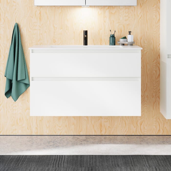 burgbad Lin20 Waschtischunterschrank mit Mineralguss-Waschtisch 102 cm, 2 Auszüge