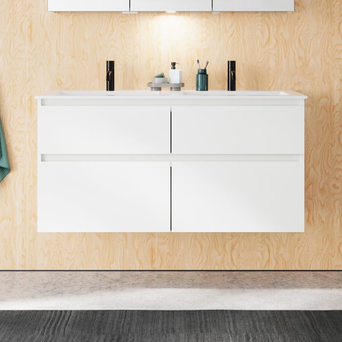 burgbad Lin20 Waschtischunterschrank mit Mineralguss-Doppelwaschtisch 122 cm, 4 Auszüge, links und rechts