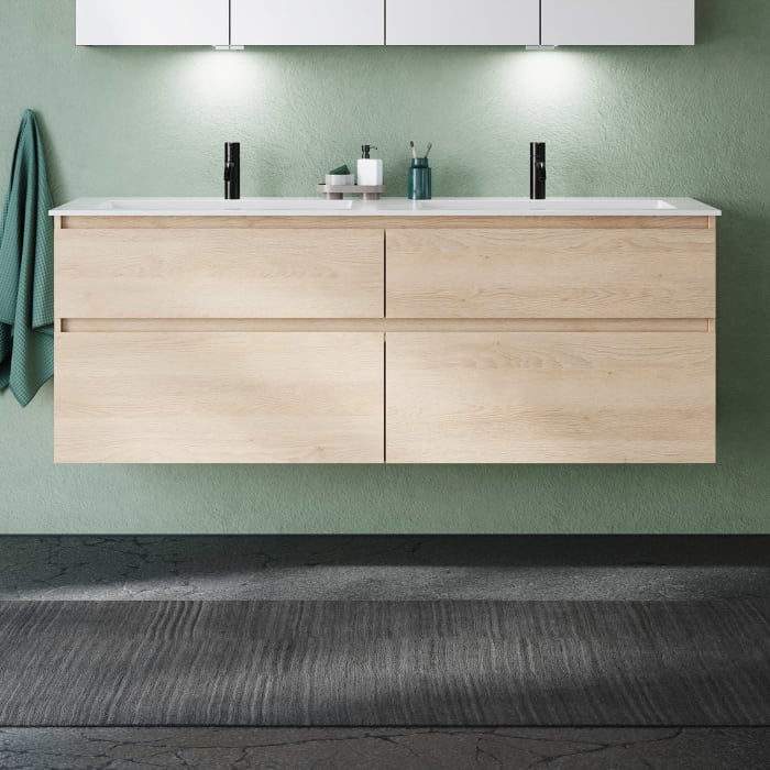 burgbad Lin20 Waschtischunterschrank mit Mineralguss-Doppelwaschtisch 162 cm, 4 Auszüge, links und rechts