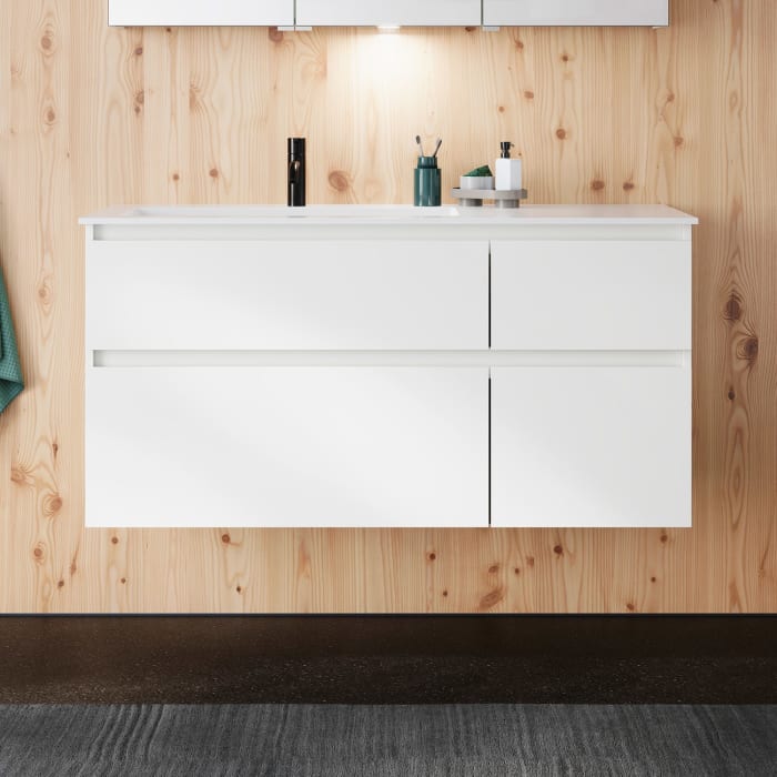 burgbad Lin20 Waschtischunterschrank mit Mineralguss-Waschtisch 122 cm, 4 Auszüge, links