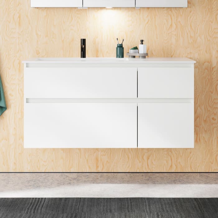 burgbad Lin20 Waschtischunterschrank mit Mineralguss-Waschtisch 122 cm, 4 Auszüge, links