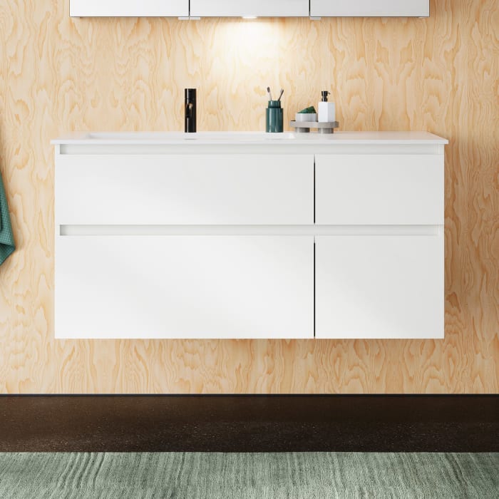 burgbad Lin20 Waschtischunterschrank mit Mineralguss-Waschtisch 122 cm, 4 Auszüge, links