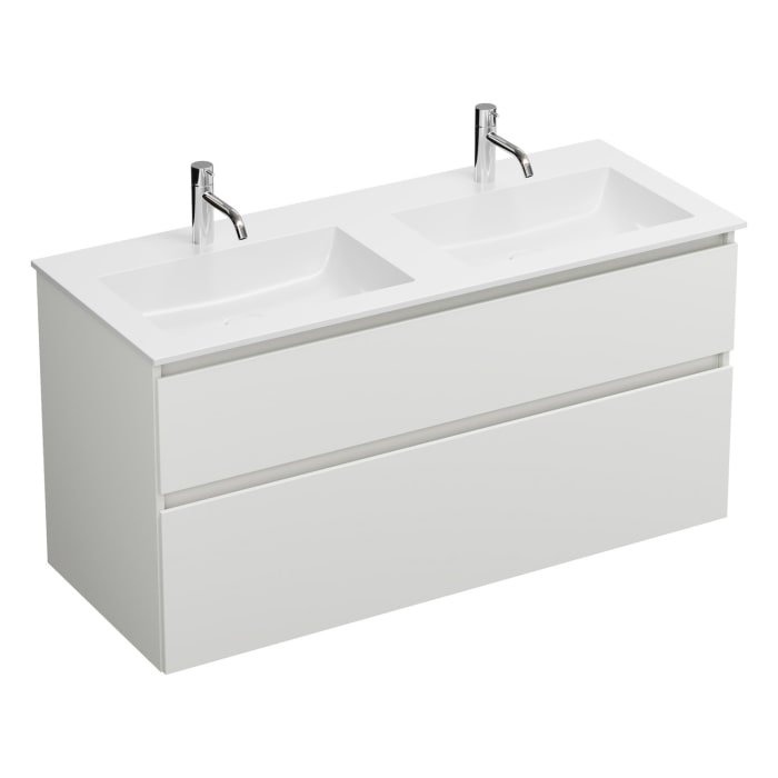 burgbad Lin20 Waschtischunterschrank mit Mineralguss-Doppelwaschtisch 122 cm, 2 Auszüge, links und rechts