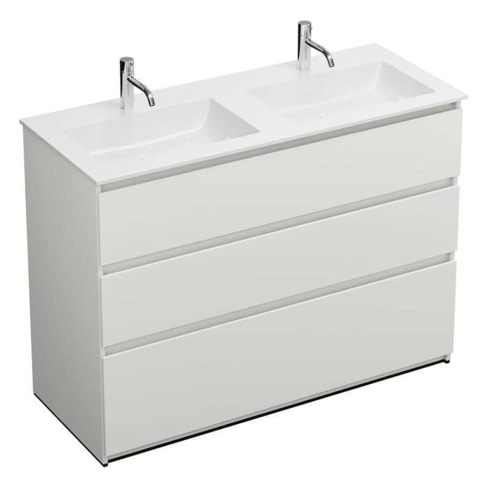 burgbad Lin20 Waschtischunterschrank mit Mineralguss-Doppelwaschtisch 122 cm, 3 Auszüge, links und rechts