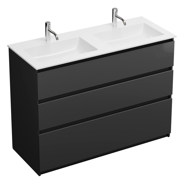 burgbad Lin20 Waschtischunterschrank mit Mineralguss-Doppelwaschtisch 122 cm, 3 Auszüge, links und rechts