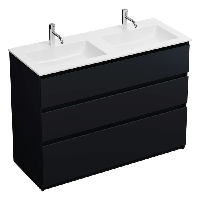 burgbad Lin20 Waschtischunterschrank mit Mineralguss-Doppelwaschtisch 122 cm, 3 Auszüge, links und rechts