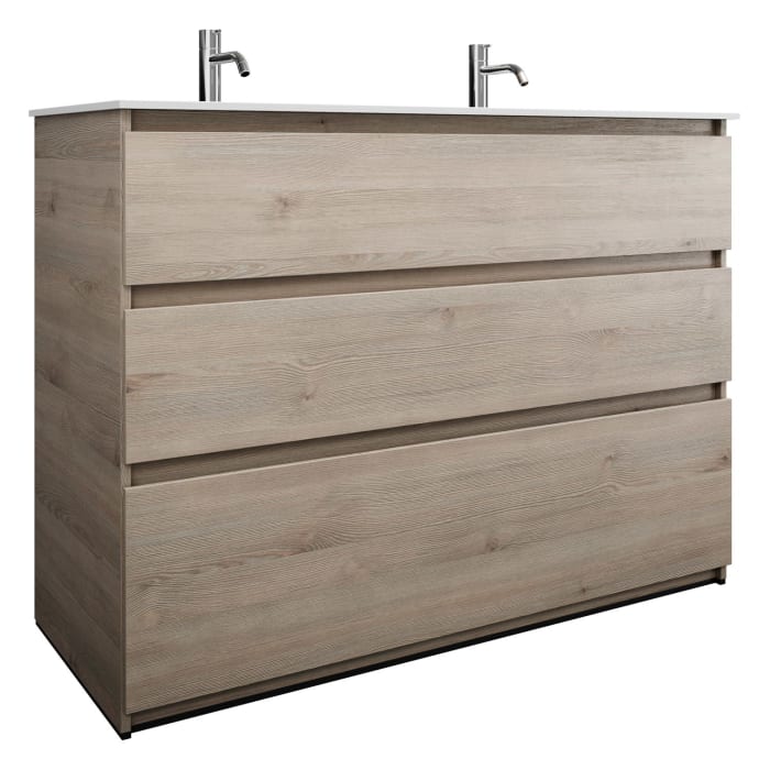 burgbad Lin20 Waschtischunterschrank mit Mineralguss-Doppelwaschtisch 122 cm, 3 Auszüge, links und rechts