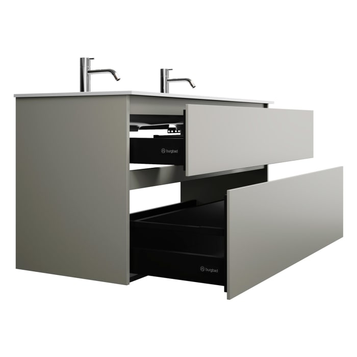 burgbad Lin20 Waschtischunterschrank mit Mineralguss-Doppelwaschtisch 122 cm, 2 Auszüge, links und rechts