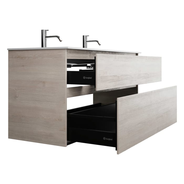 burgbad Lin20 Waschtischunterschrank mit Mineralguss-Doppelwaschtisch 122 cm, 2 Auszüge, links und rechts