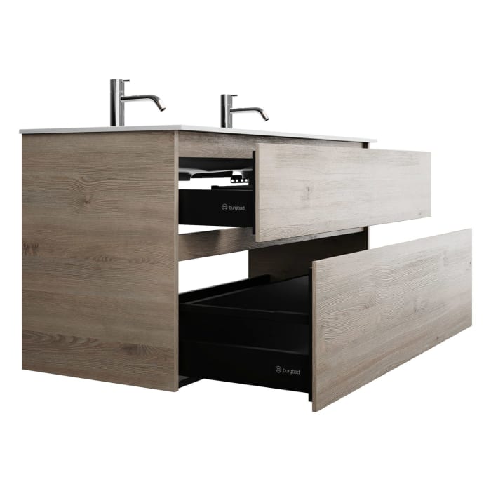 burgbad Lin20 Waschtischunterschrank mit Mineralguss-Doppelwaschtisch 122 cm, 2 Auszüge, links und rechts