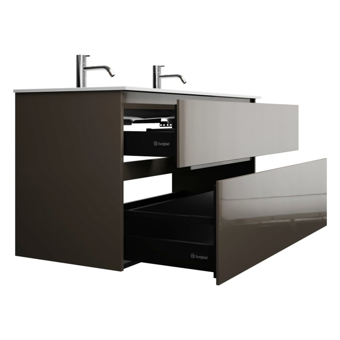 burgbad Lin20 Waschtischunterschrank mit Mineralguss-Doppelwaschtisch 122 cm, 2 Auszüge, links und rechts