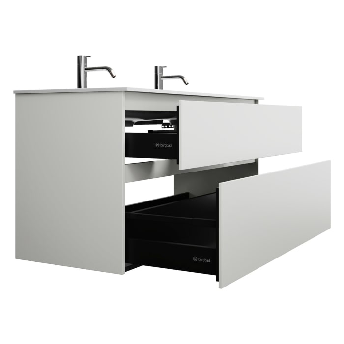 burgbad Lin20 Waschtischunterschrank mit Mineralguss-Doppelwaschtisch 122 cm, 2 Auszüge, links und rechts
