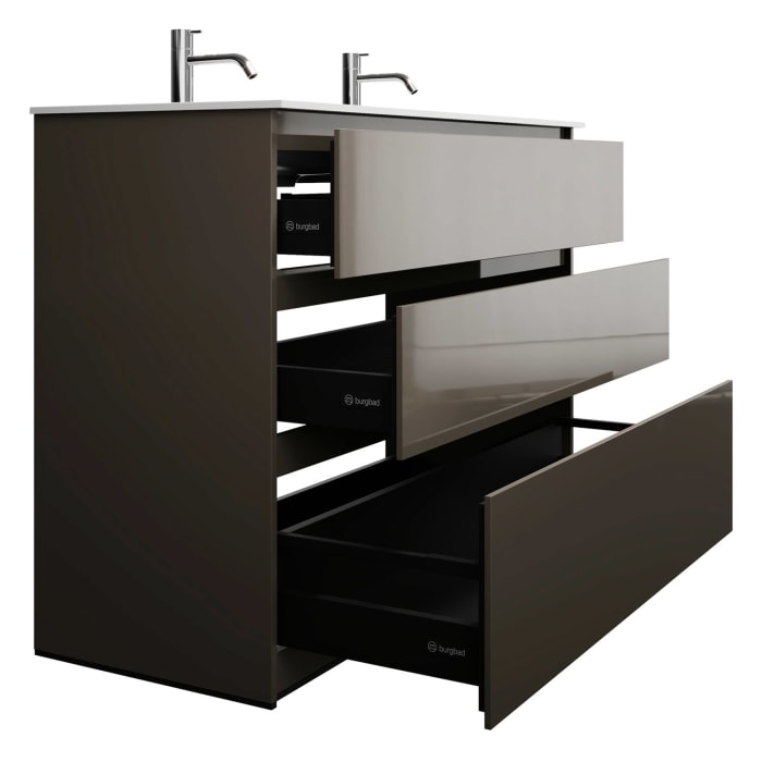 burgbad Lin20 Waschtischunterschrank mit Mineralguss-Doppelwaschtisch 122 cm, 3 Auszüge, links und rechts
