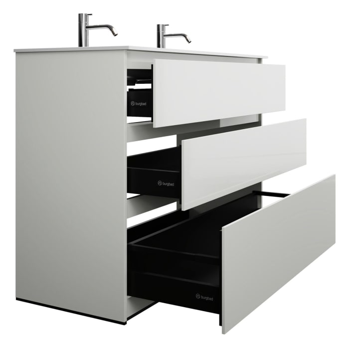 burgbad Lin20 Waschtischunterschrank mit Mineralguss-Doppelwaschtisch 122 cm, 3 Auszüge, links und rechts