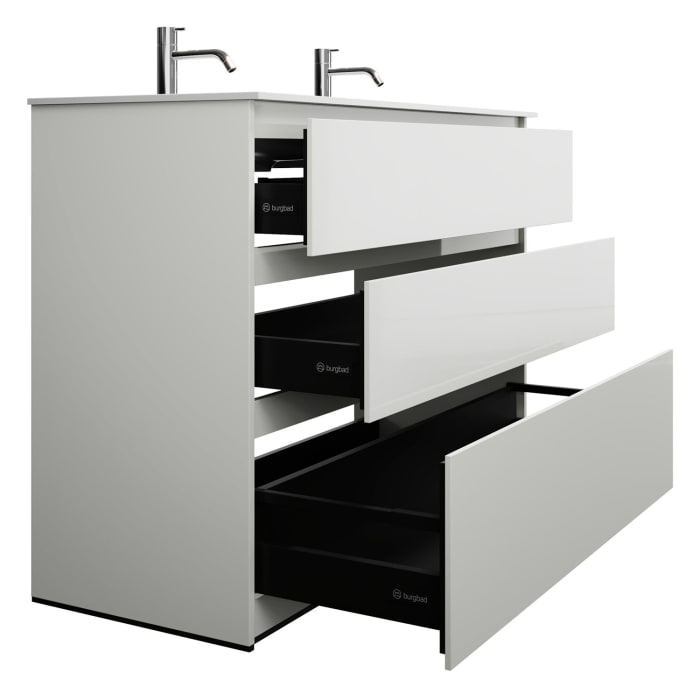 burgbad Lin20 Waschtischunterschrank mit Mineralguss-Doppelwaschtisch 122 cm, 3 Auszüge, links und rechts