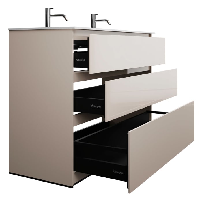 burgbad Lin20 Waschtischunterschrank mit Mineralguss-Doppelwaschtisch 122 cm, 3 Auszüge, links und rechts