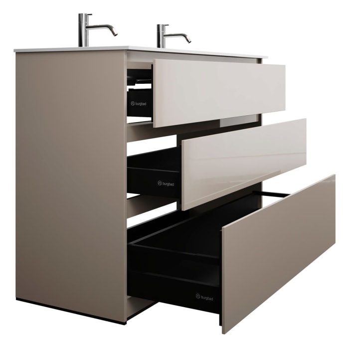 burgbad Lin20 Waschtischunterschrank mit Mineralguss-Doppelwaschtisch 122 cm, 3 Auszüge, links und rechts