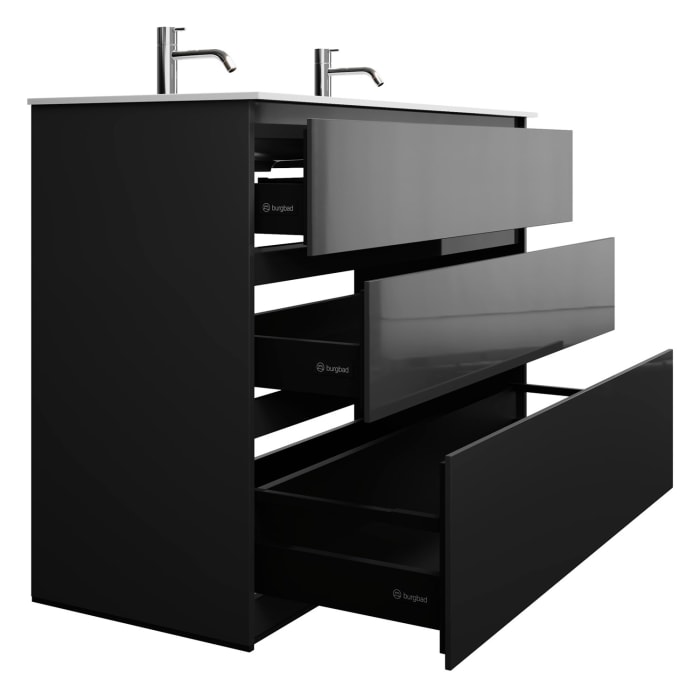 burgbad Lin20 Waschtischunterschrank mit Mineralguss-Doppelwaschtisch 122 cm, 3 Auszüge, links und rechts