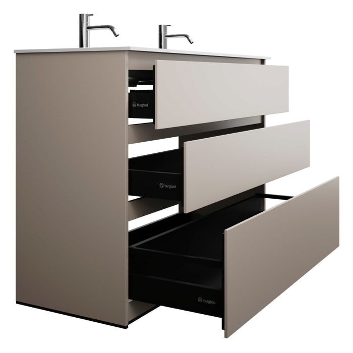 burgbad Lin20 Waschtischunterschrank mit Mineralguss-Doppelwaschtisch 122 cm, 3 Auszüge, links und rechts