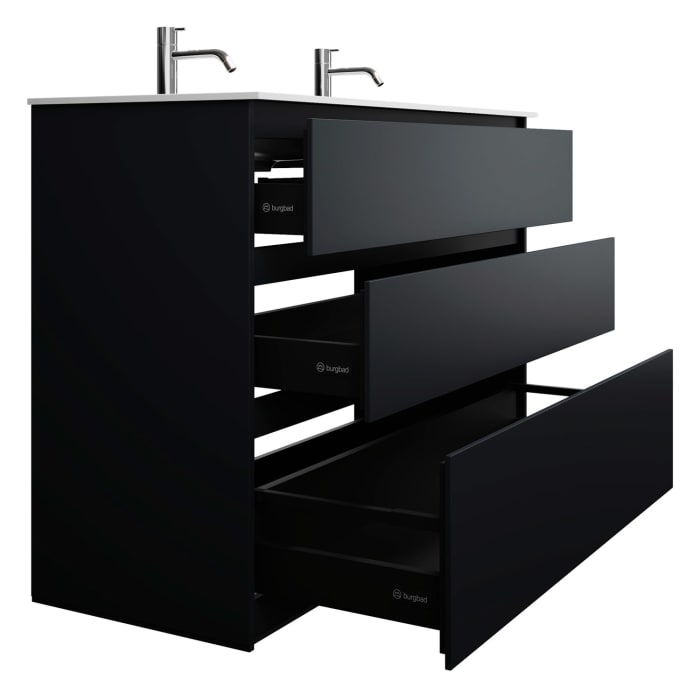 burgbad Lin20 Waschtischunterschrank mit Mineralguss-Doppelwaschtisch 122 cm, 3 Auszüge, links und rechts