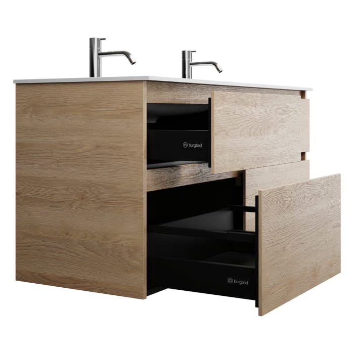 burgbad Lin20 Waschtischunterschrank mit Mineralguss-Doppelwaschtisch 122 cm, 4 Auszüge, links und rechts