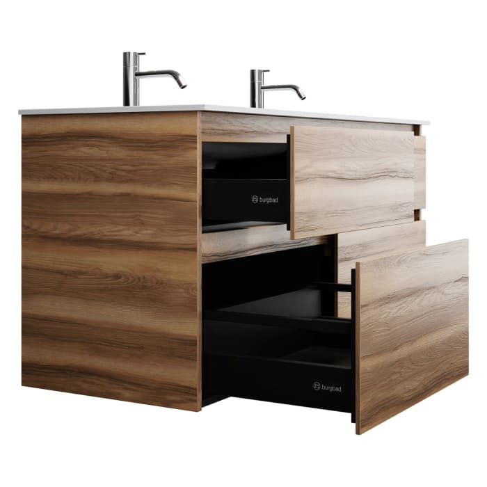 burgbad Lin20 Waschtischunterschrank mit Mineralguss-Doppelwaschtisch 122 cm, 4 Auszüge, links und rechts