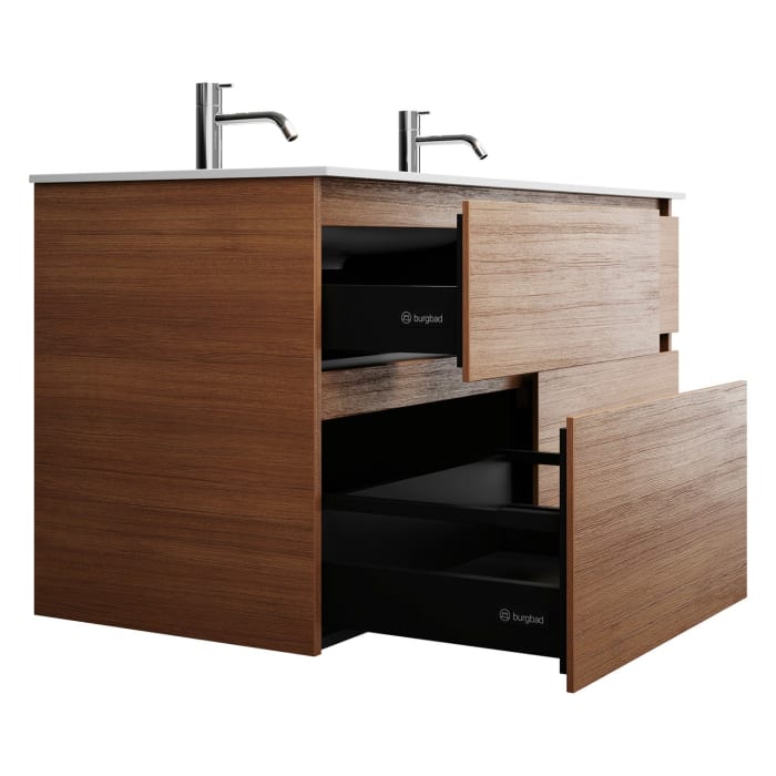 burgbad Lin20 Waschtischunterschrank mit Mineralguss-Doppelwaschtisch 122 cm, 4 Auszüge, links und rechts