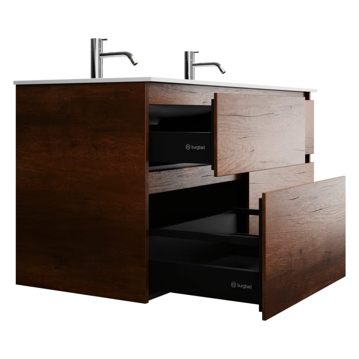 burgbad Lin20 Waschtischunterschrank mit Mineralguss-Doppelwaschtisch 122 cm, 4 Auszüge, links und rechts