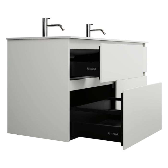 burgbad Lin20 Waschtischunterschrank mit Mineralguss-Doppelwaschtisch 122 cm, 4 Auszüge, links und rechts