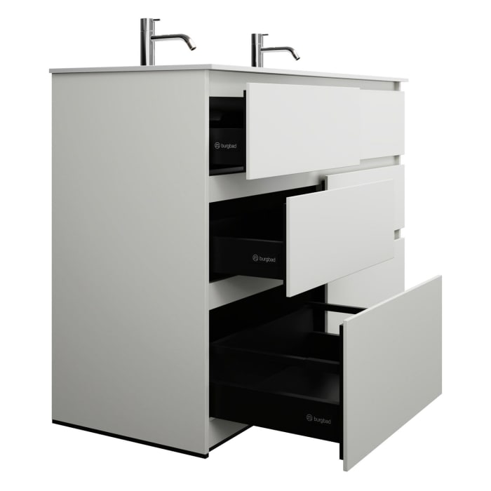 burgbad Lin20 Waschtischunterschrank mit Mineralguss-Doppelwaschtisch 122 cm, 6 Auszüge, links und rechts