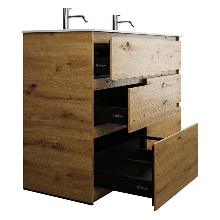 burgbad Lin20 Waschtischunterschrank mit Mineralguss-Doppelwaschtisch 122 cm, 6 Auszüge, links und rechts